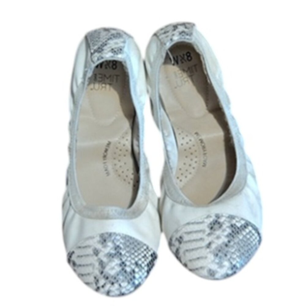 Time and Tru, white slip ons with snake print on the toes, size 8 1/2